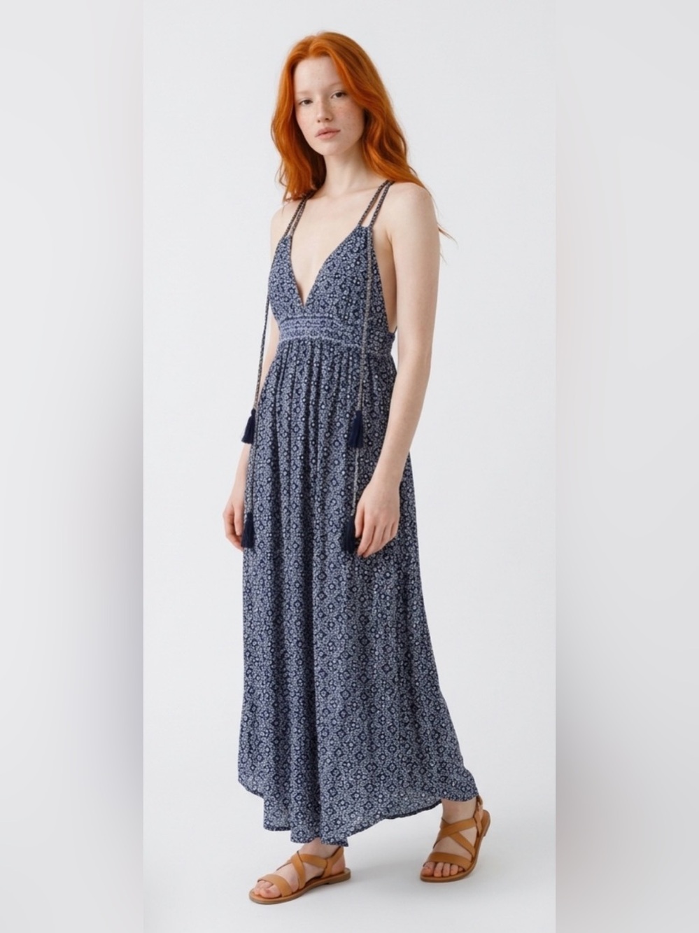 Lulus Sz L Navy Boho Printed V-Neck Maxi Dress with Tassel Straps